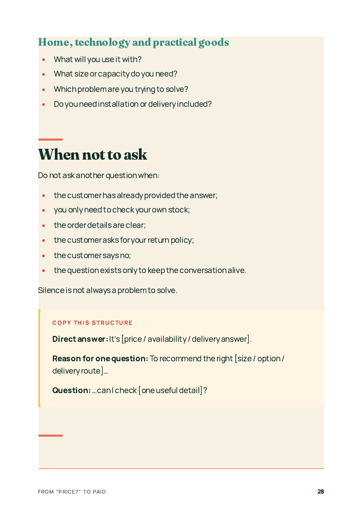 Interior page showing when not to ask another question and a copyable reply structure