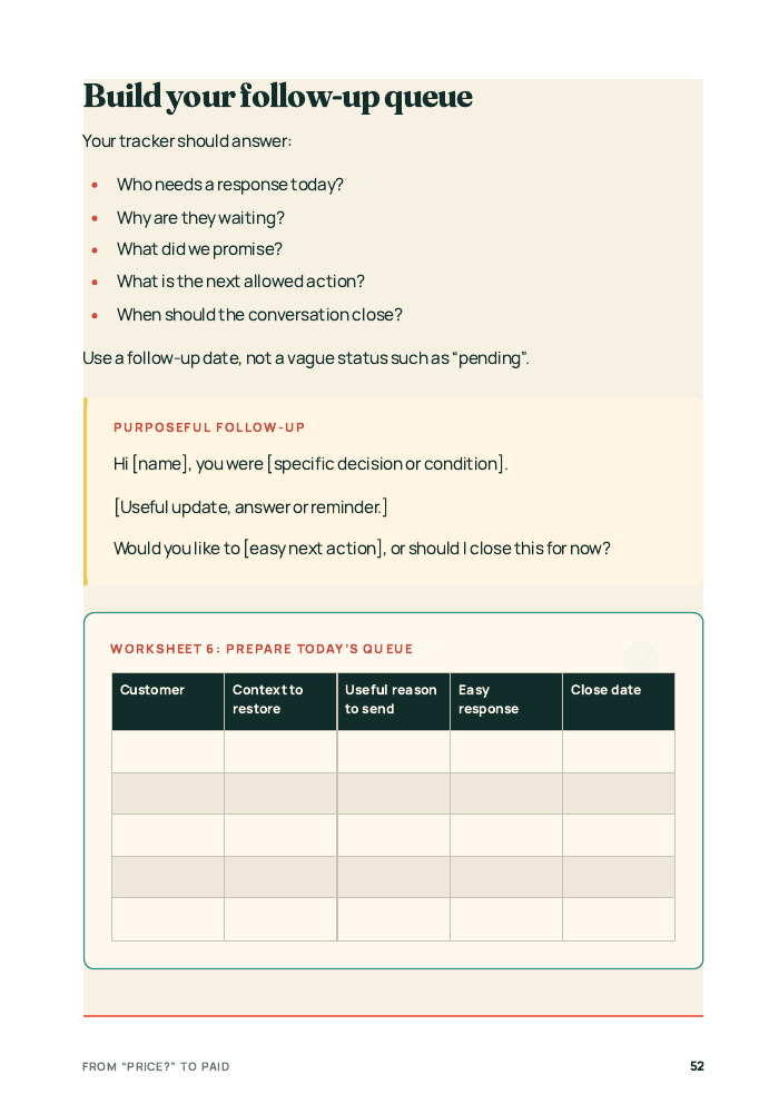 Interior worksheet for building a purposeful follow-up queue
