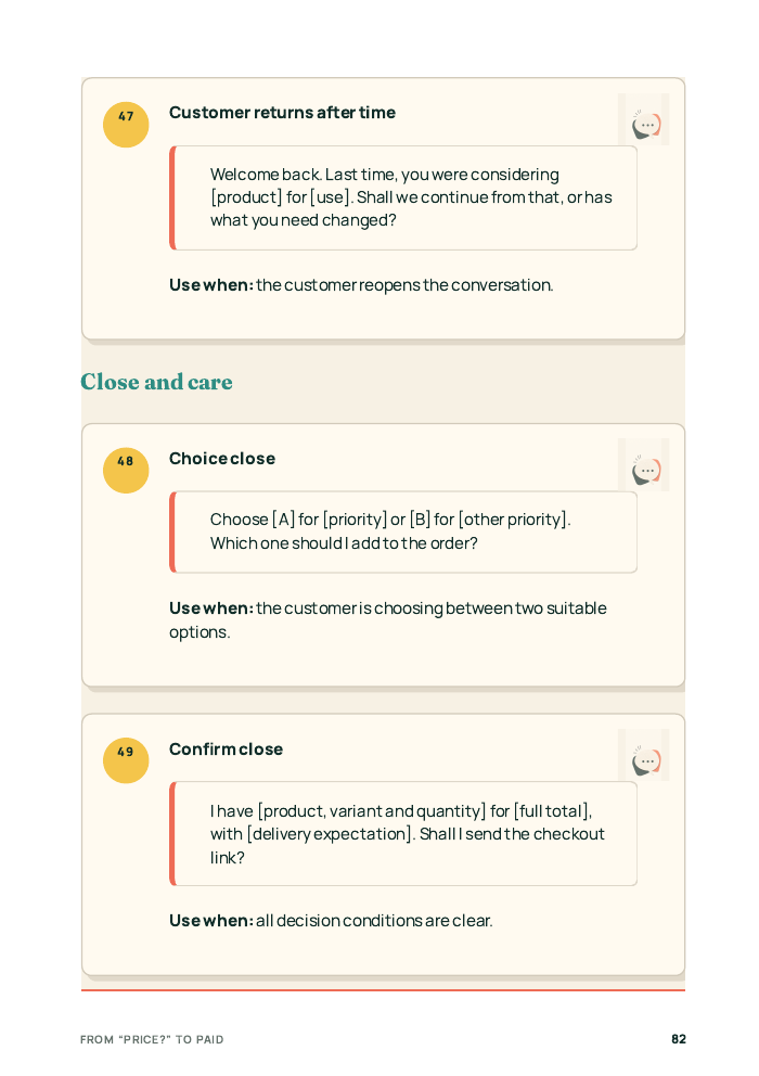 Interior page showing scripts for returning customers, choice close and confirmed checkout